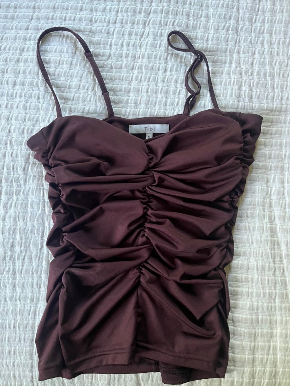 Tibi Stretch Light Weight Tech Knit Shirred Cami- M- Brown - Picture 4 of 5